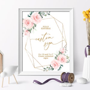 Unbegrenzte Blush Pink Blumen Dusche Schilder, EDITIERBARE Vorlage, Goldrahmen Benutzerdefiniertes Schild, bedruckbar, 5x7, 8x10, Pink Rose Floral Baby Brunch