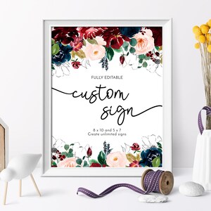 Unbegrenzte Burgunder- und Blush-Duschschilder, EDITIERBARE Vorlage, druckbares Marsala-Blumenbenutzerdefiniertes Zeichen, 13x20, 8x10, Hochzeit, Taufe, Rosengeburtstag