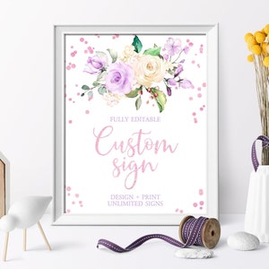 Unlimited Lavender Cream Shower Signs, EDITABLE Template, Printable Purple Floral Custom Sign, 5x7, 8x10, Wedding, Baptism, Rose Birthday