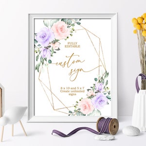 Unbegrenzte rosa und violette Blumen Dusche Schilder, EDITIERBARE Vorlage, Goldrahmen Benutzerdefiniertes Schild, bedruckbar, 5x7, 8x10, Purple Rose Baby Brunch