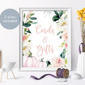 Pumpkin Cards and Gifts Sign, Blush Pink Floral Printable Baby Shower Template, Fall Autumn Bridal Brunch Cards & Gifts, Instant Download