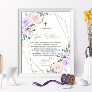 Blush Pink & Violet Flowers Baptism Prayer Sign, EDITABLE Template, Personalized Prayer Card, Rose Flowers Printable Christening, Gold Frame