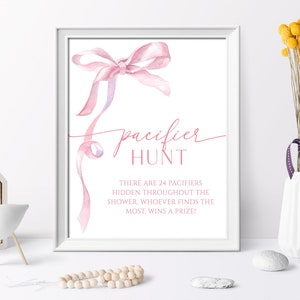 Pink Bow Pacifier Hunt Sign: Watercolor Baby Shower Game (EDITABLE Printable)