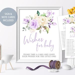 Lavendel Rose Wünsche für Baby-Zeichen und Grußkarten, EDITIERBAR, Lila & Creme Blumen Brunch, druckbare Baby-Dusche-Aktivität, INSTANT DOWNLOAD
