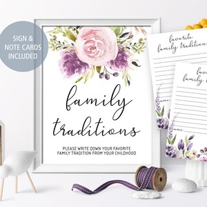 Znaki i karty z notatkami Lavender Family Traditions, Floral Share Your Favorite Traditions, Pink & Purple Flowers Zapisz swój znak tradycji