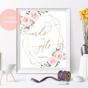 Enseigne pour cartes et cadeaux fleurs roses blush, carte de fête prénatale imprimable, modèle de baptême floral bohème, cadre doré, fleurs roses, élégant