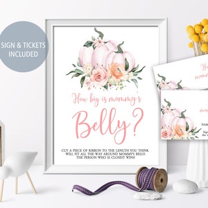 Abóbora How Big is Mommy's Belly Game, jogo de chá de bebê para impressão e cartões de resposta, blush rosa floral, Boho, outono, DOWNLOAD INSTANTÂNEO