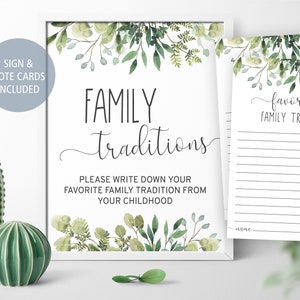 Familientraditionen Zeichen und Grußkarten, Greenery Teilen Sie Ihre Lieblings-Familientraditionen, Schreiben Sie Ihre Tradition, Blumen, Instant Download