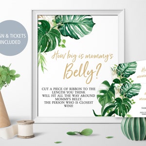 Vegetação tropical Quão grande é o jogo da barriga da mamãe, cartões de resposta e sinais para chá de bebê para impressão, folha verde neutra, DOWNLOAD INSTANTÂNEO