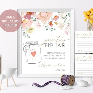 Eltern-Tipp Glas Schild und Hinweiskarte, Editabel Wildflower Babyparty Beratung, druckbare rosa und rote Blumen Karte, personalisieren Sie Namen