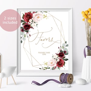 Marsala & Blush Pink Floral Babypartybevorzugungen Zeichen, druckbare Partykarte, Boho Blumenmädchen Taufe Vorlage, rote Rosendusche, Goldrahmen