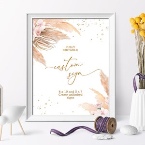 Unbegrenzte Pampas Gras Dusche Zeichen, EDITIERBARE Vorlage, Boho Gold benutzerdefinierte Zeichen, druckbare Boho, 5x7, 8x10, Blush Pink Rose Baby Brunch