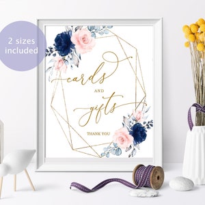 Cartes Et Cadeaux Floral Rose Fard À Joues Et Bleu Marine | Modèle imprimable de baby shower bohème | Brunch nuptiale rose bleue | Plaque de mariage avec cadre doré