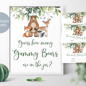 Jeu de Devinez combien il y a d'oursons en gélatine des bois, jeu de cartes de signe et de réponse imprimables pour baby shower, animal floral, feuille verte neutre