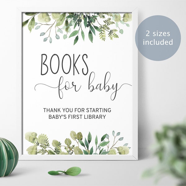 Greenery Books for Baby Sign, Green Leaves Printable Shower Template, Floral Baby's Library, Neutral Brunch, Rustic, Instant Download PDF
