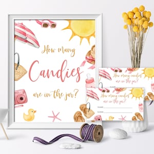 Hoeveel snoepjes zitten er in de pot Game Set, BEWERKBARE Afdrukbare Splish Splash Baby Bash Shower Game Sign & Answer Cards, Summer Pink Girl Game