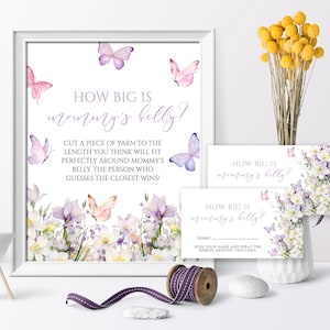 Juego de mariposas ¿Qué tan grande es la barriga de mamá? / Juego de baby shower EDITABLE con tarjetas de respuestas y letreros / Diseño de acuarela y flores silvestres moradas