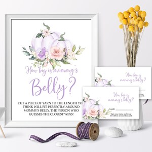 Conjunto de jogo de abóbora lavanda, qual o tamanho da barriga da mamãe, jogo de chá de bebê para impressão EDITÁVEL, placas e cartões de resposta, flores roxas e rosadas para bebê