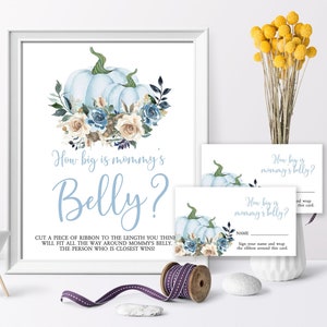 Abóbora Azul Quão Grande é o Jogo da Barriga da Mamãe, Cartões de Respostas e Sinais para Chá de Bebê para Impressão, Flores de Outono, Marfim, DOWNLOAD INSTANTÂNEO