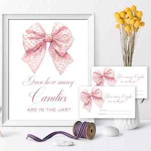 Little Girl Pink Bow How Many Candies Are in the Jar Game Set | EDITABLE Printable Baby Shower Game Sign & Answer Cards | Watercolor Ribbon