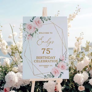 Blush Pink Flowers & Gold Frame Birthday Welcome Sign | EDITABLE Template | Boho Pink Rose Birthday Sign | Printable Large Birthday Poster