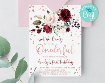 Floral First Birthday Invitation: Marsala & Rose Gold (EDITABLE)