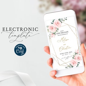 Blozen roze bloemen & gouden frame Bewaar de datum elektronische uitnodigingssjabloon, bewerkbare digitale download, Boho Pink Rose, sms-uitnodiging