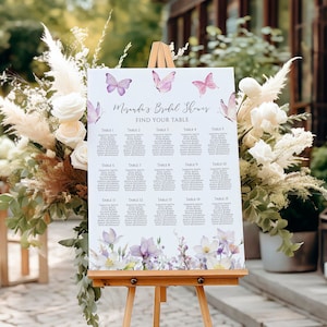 Elegante gráfico de assentos de casamento de borboletas, modelo de gráfico de assentos de mesa de flores silvestres para impressão EDITÁVEL, plano de assentos DIY para casamento roxo