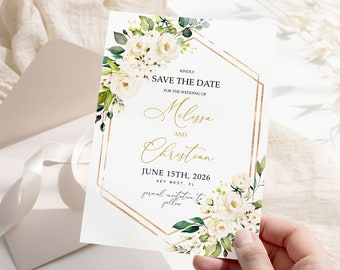 White Flowers Save the Date Invitation, EDITABLE Template, White Rose Printable Wedding Date Card, Gold Frame Calligraphy Invite