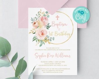 Floral Baptism & 1st Birthday Invitation: Blush Pink, Gold (Editable Template)