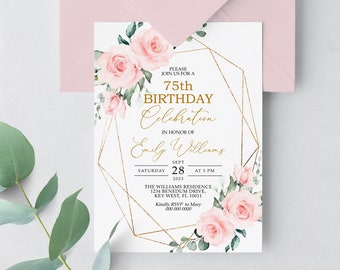 Blush Pink Flowers & Gold Frame 75th Birthday Invitation, EDITABLE Template, Women Floral Printable Birthday Invite, Any Age Women Invite