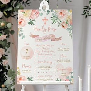 Blush Pink First Holy Communion Milestone Sign | Editable Template | Baby Girl Baptism Floral Poster | Printable Rose Flowers Keepsake