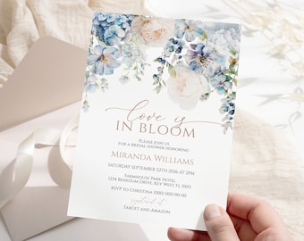 Love is in Bloom Bridal Shower Invitation, EDITABLE Template, Printable Elegant Blue Hydrangea Brunch Invite, Boho Dusty Blue Floral Card