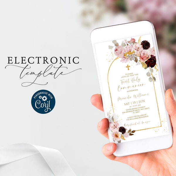 Bohemian First Holy Communion Electronic Invitation Template, Editable Digital Download, Boho Floral Arch Christening Text Message Evite