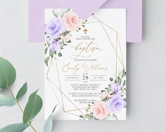 Blush Pink & Violet Flowers Baptism Invitation, EDITABLE Template, Boho Purple Floral Girl Printable Christening Invite, Gold Frame