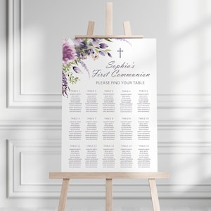 Lavendel eerste communie zitplaatsen grafiek, BEWERKBARE sjabloon, tafelposter, DIY afdrukbare doopsjabloon, violette en paarse bloem zitplaatsenplan