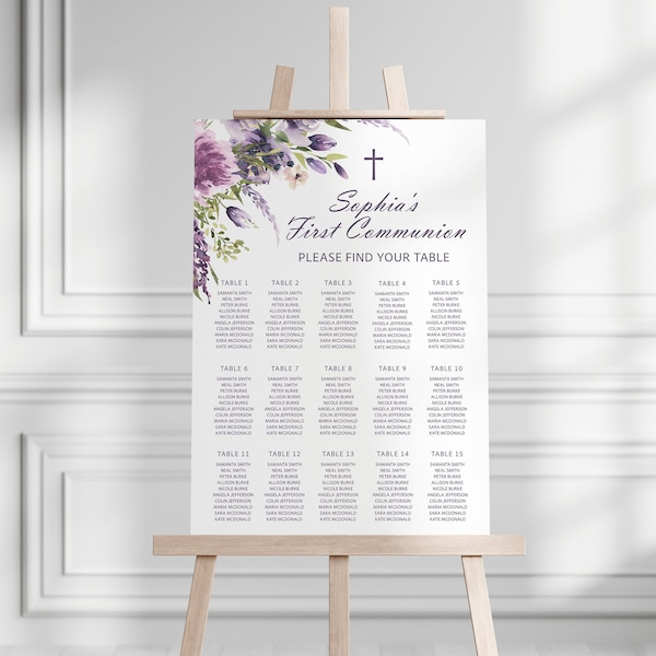 Lavender First Communion Seating Chart, EDITABLE Template, Table Poster, DIY Printable Baptism Template, Violet & Purple Flower Seating Plan