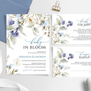 Baby in Bloom-uitnodiging voor babyshower | BEWERKBARE sjabloon | Afdrukbaar blauw-witte bloemenjongen-evenementpakket | Babyhagel met wilde bloemen