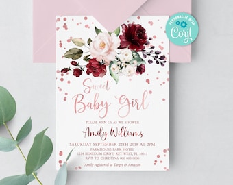 May include: A pink and white baby shower invitation with a floral design and gold glitter. The text reads "Sweet Baby Girl" and includes the name "Amily Williams" and the date "Saturday September 22th 2018 at 2pm".