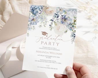 Blue Hydrangea Graduation Party Invitation: Elegant Floral Design (Digital Download)