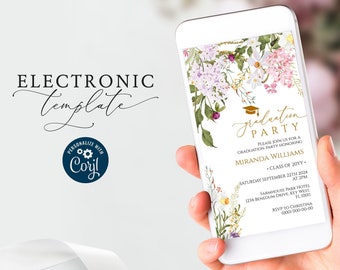 May include: A digital invitation template for a graduation party with a floral design. The invitation features a white background with a floral border and gold text that reads "graduation party". The text also includes the graduate's name, class year, date, time, and location. The invitation is displayed on a smartphone.