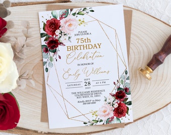 Marsala & Blush Pink Floral 75th Birthday Invitation, EDITABLE Template, Women Floral Printable Birthday Invite, Any Age Women Invite