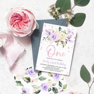 Lavendelcreme Babys erste Geburtstagsfeiereinladung, EDITIERBARE Vorlage, druckbare Rose Gold Glitter einladen, 1. Geburtstag, Wild One Karte