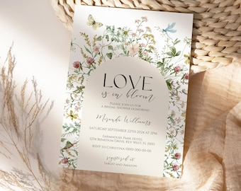 Butterfly Love is in Bloom Bridal Shower Invitation, EDITABLE Printable Wildflowers Bridal Brunch Template, Boho Meadow Flowers Invite