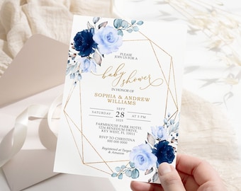 Navy Blue & Gold Floral Baby Shower Invitation, EDITABLE Template, Boho Printable Shower Invite, Gold Frame, Elegant Blue Rose Flowers