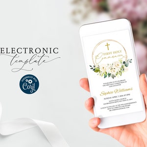 White Flowers First Holy Communion Electronic Invitation Template, Editable Digital Download, Confirmation, Gold, Text Message Evite