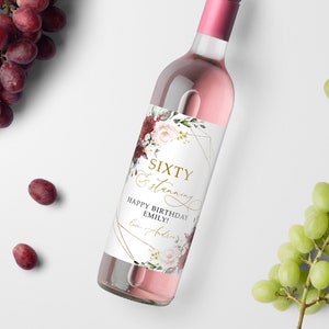 Etichette di vino di compleanno floreale rosa Marsala e Blush, modello EDITABLE, etichetta di compleanno stampabile con rosa rossa e oro, etichetta regalo per vino, qualsiasi età