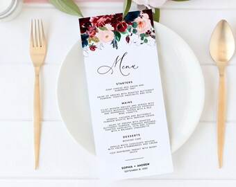Burgundy Floral Wedding Menu Template: Editable Calligraphy (Digital File)