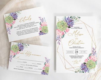 Succulent Floral Wedding Invitation Set, EDITABLE Printable Boho Flowers and Gold Frame Wedding Invite Template, RSVP, Details, Thank You