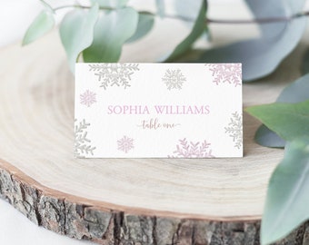 Pink & Silver Snowflakes Place Card Template (Digital Download)